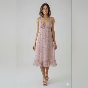 Karin Stevens Women's Pink Polka Dot Sleeveless Padded Midi Dress Size 12 GUC